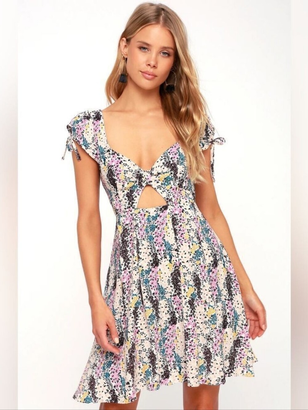 Free People Floral Tie-Front Cap Sleeve Dress in Multi